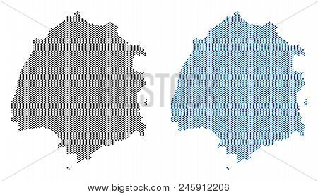 Circle Dot Thassos Greek Island Map Variants. Vector Territory Schemes In Black Color And Cold Blue 