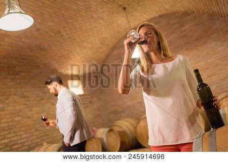 Wine Loving Couple Tasting Wines In Winery Cellar