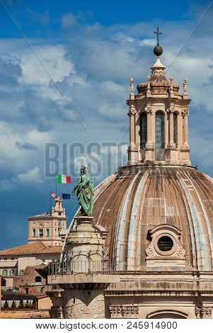 Trajan Column,  Baroque Dome And Quirinal Hill In Rome