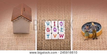 Isolated Model House, Letter Cuubes, Compass , Man And Woman