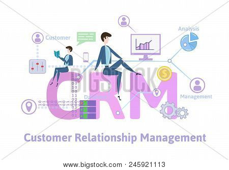 Crm, Customer Relationship Management. Concept With Keywords, Letters And Icons. Colored Flat Vector