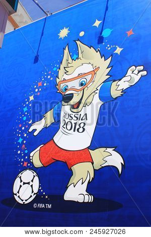St. Petersburg, Russia - June 18, 2018: Zabivaka Official Mascot Of Fifa 2018 World Cup In Russia. S
