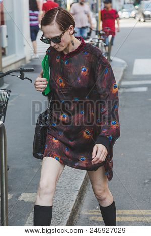 Fashionable Woman Posing During Milan Men's Fashion Week