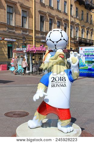 St. Petersburg, Russia - June 18, 2018: Zabivaka Official Mascot Of Fifa 2018 World Cup. Symbol Of F