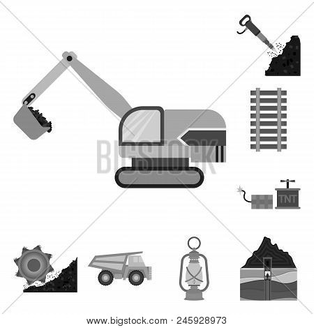 Mining Industry Monochrome Icons In Set Collection For Design. Equipment And Tools Vector Symbol Sto