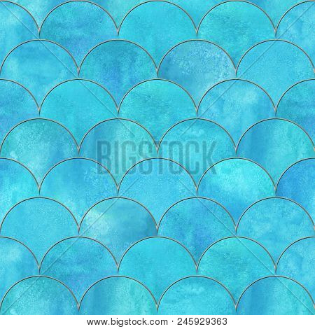 Mermaid Fish Scale Wave Japanese Luxury Seamless Pattern. Watercolor Hand Drawn Light Teal Blue Back