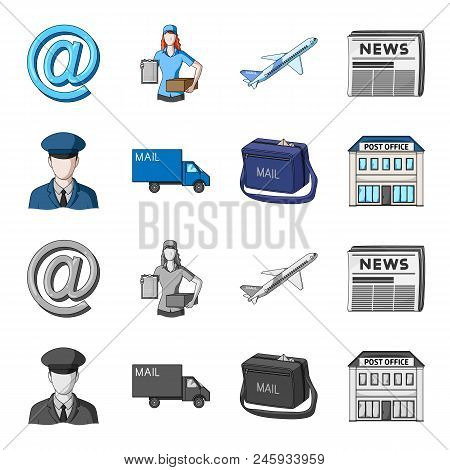 The Postman In Uniform, Mail Machine, Bag For Correspondence, Postal Office.mail And Postman Set Col