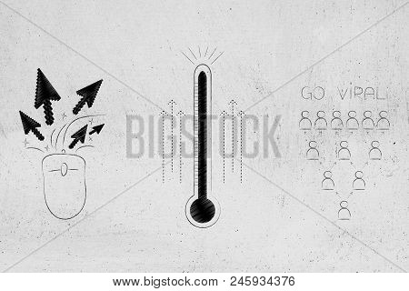 Go Viral Online Conceptual Illustration: Clickrate Next To Thermometer And Audience Icons