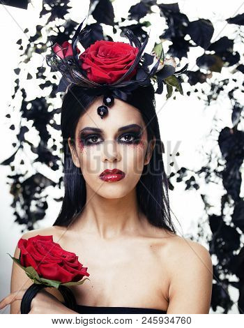 Pretty Brunette Woman With Rose Jewelry, Black And Red, Bright Make Up Kike A Vampire Closeup Red Li