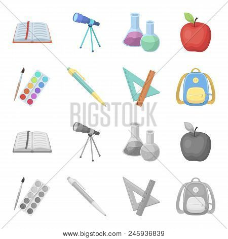 Multicolored Paints With A Tassel, Pen, Triangle And Ruler, Satchel, Briefcase. School And Education