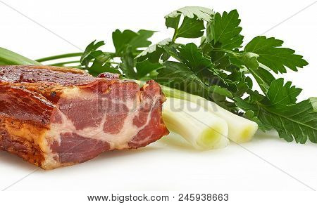 Pieces Of Pork Balyk With Fresh Green Lettuce On The White