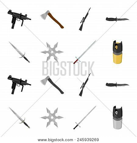 Sword, Two-handed Sword, Gas Balloon, Shuriken. Weapons Set Collection Icons In Cartoon, Monochrome 