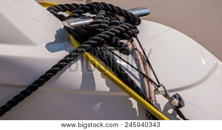 Dock Cleat On The Side Of A Boat In A Small Marina, An Element Of Yachting Equipment, Safety