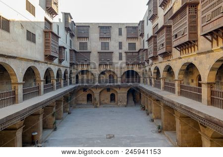 Cairo, Egypt - March 18, 2017: Facade Of Caravansary (wikala) Of Bazaraa, With Vaulted Arcades And W