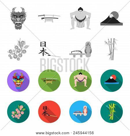 Geta, Sakura Flowers, Bamboo, Hieroglyph.japan Set Collection Icons In Monochrome, Flat Style Vector