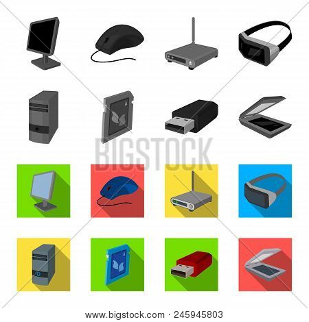 A System Unit, A Flash Drive, A Scanner And A Sd Card. Personal Computer Set Collection Icons In Mon