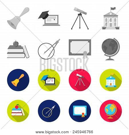 Books, An Apple, A Compass With A Circle, A Diploma With A Seal, A Globe. School Set Collection Icon