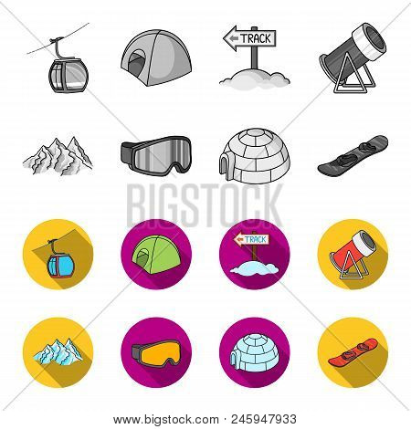 Mountains, Goggles, An Igloo, A Snowboard. Ski Resort Set Collection Icons In Monochrome, Flat Style