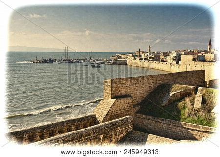 Embankment And City Beach Of Old Arabic City Akko, Located North Of Israel. Sailboats Moored At The 