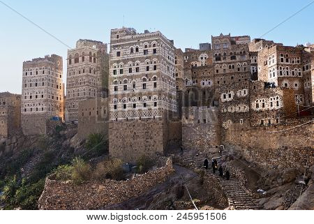 Traditional Yemeni Medieval Architecture In The Village Of Al Hajjarah On Haraz Mountains. Yemen