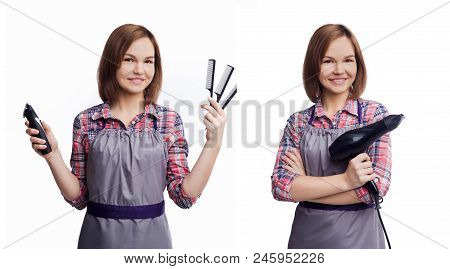 Set Of Female Hairdresser Holding Various Hairdressing Tools Isolated On White Backgropund