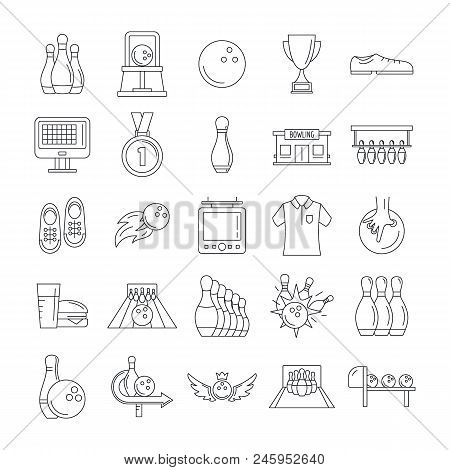 Bowling Kegling Game Icons Set. Outline Illustration Of 25 Bowling Kegling Game Vector Icons For Web