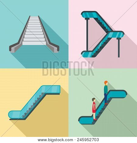 Escalator Elevator Icons Set. Flat Illustration Of 4 Tuk Rickshaw Thailand Vector Icons For Web