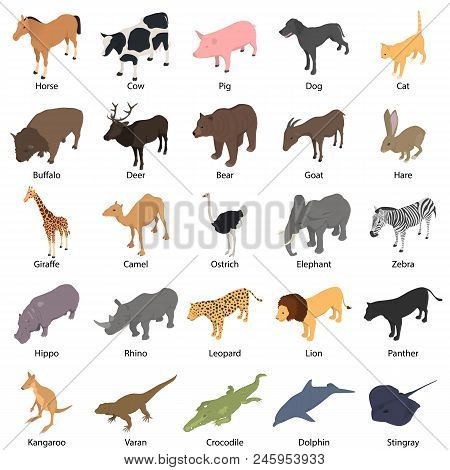 Animals With Signed Name Icons Set. Isometric Illustration Of 25 Animals With Signed Name Vector Ico