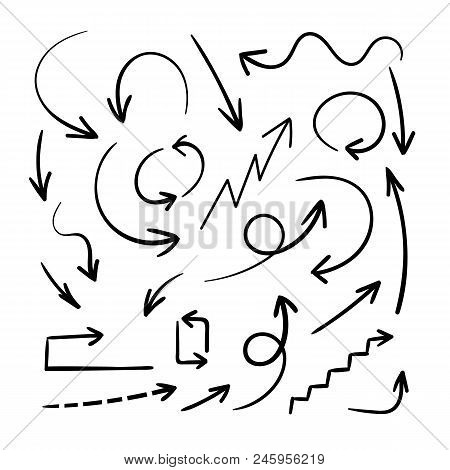 Vector Hand Drawn Arrows, Design Element Set, Black Arrows Isolated On White Background.