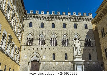 Monument Of Sallustio Bandini From 1882 At Square Salimbeni In Siena, Italy