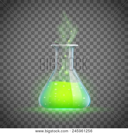 Glass Vial With A Green Love Potion. Alchemy And Witchcraft. Stock Vector Illustration.
