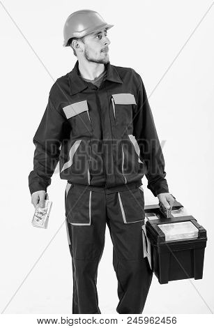 Man With Toolbox Walks, Holds Money. Builder Holds Money, Repairman Holds Cash, Banknotes In Hand. C