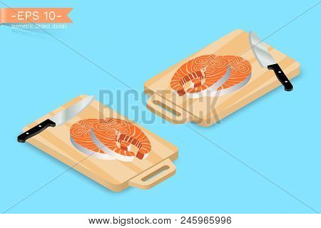 Chopping, Cutting Board With Two Pieces Of Salmon Fish Steak And Knife. Gourmet Food Dinner Preparin