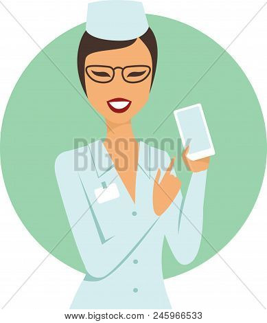 Young Confident Female Doctor Pointing To Smartphone