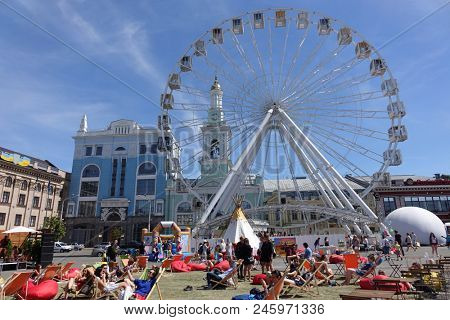 Kiev, Ukraine, June 10, 2018. Rest area on Kontraktova square