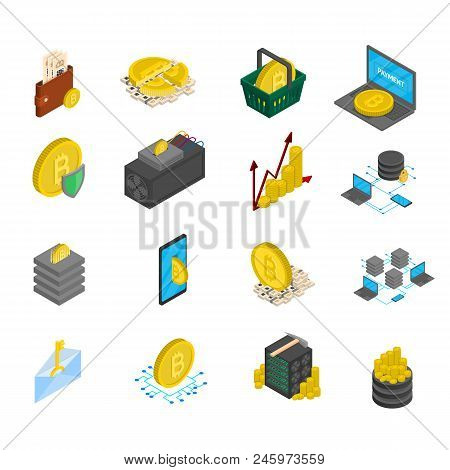 Vector Isometric Blockhain And Cryptocurrency Icons Set. Cryptocurrency Business Online Payment Tran