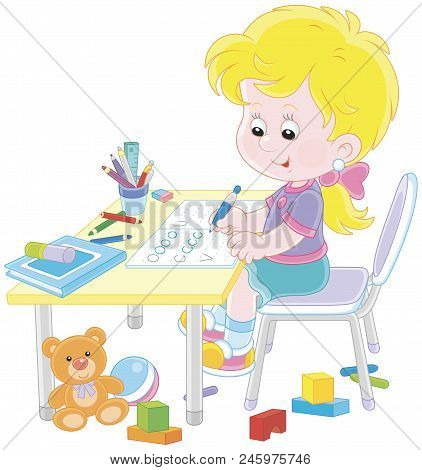 Little Girl Doing Her Homework In An Exercise Book With Samples Of Writing, Vector Illustration In A