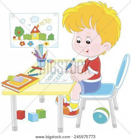 Little Boy Doing His Homework In An Exercise Book With Samples Of Writing, Vector Illustration In A 