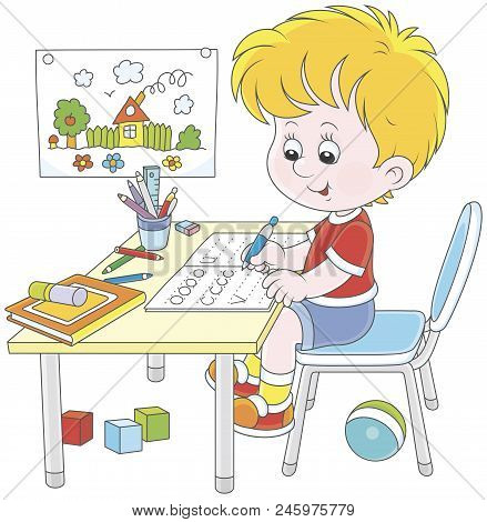Little Boy Doing His Homework In An Exercise Book With Samples Of Writing, Vector Illustration In A 