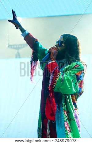 CAMDEN, NJ-JUNE 17: Jared Leto of 30 Seconds to Mars performs on June 17, 2018 at BB&T Pavilion in Camden, New Jersey.