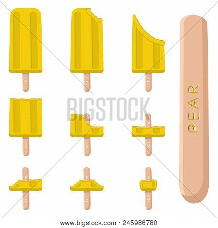 Vector Illustration Logo For Natural Pear Ice Cream On Stick. Ice Cream Pattern Consisting Of Sweet 
