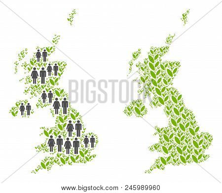People Population And Flora Plants United Kingdom Map. Vector Mosaic Of United Kingdom Map Construct