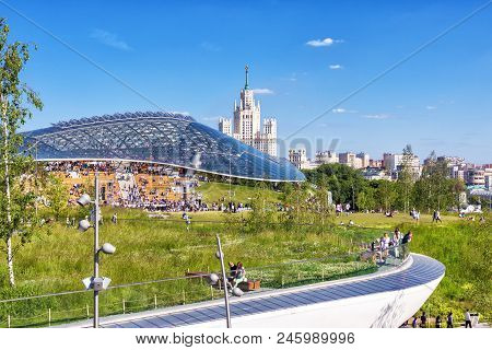 Moscow - June 17, 2018:  Modern Amphitheater With Glass Dome In Zaryadye Park In Moscow, Russia. Zar