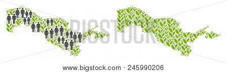 People Population And Floral Uzbekistan Map. Vector Mosaic Of Uzbekistan Map Done Of Scattered Peopl