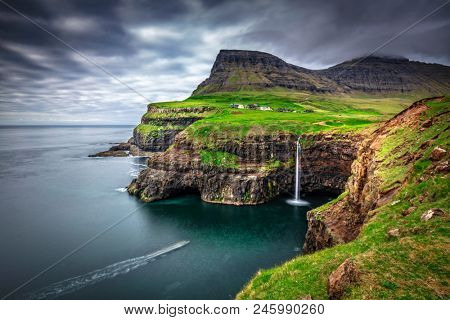 View of Gasadalur waterfall in faroe island