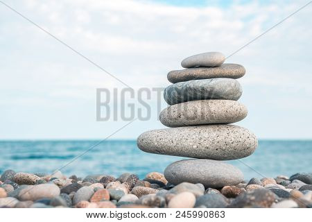 Stack Of Stones On The Sea Beach, Stone Balance