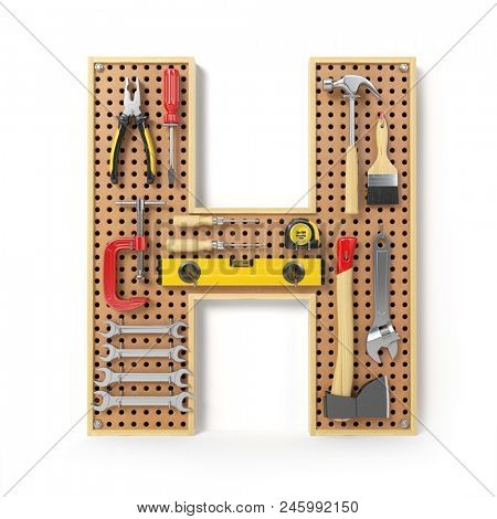 Letter H. Alphabet from the tools on the metal pegboard isolated on white.  3d illustration