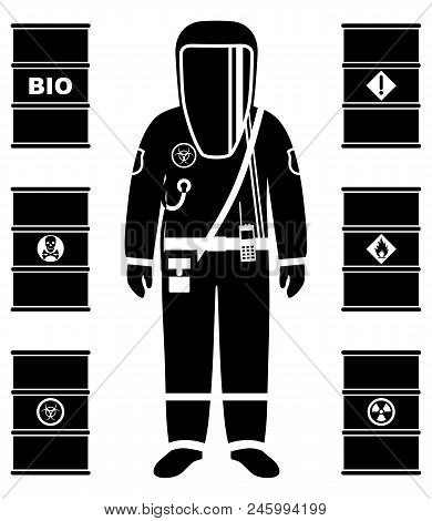 Man In Protective Suit In Flat Style. Dangerous Profession. Different Metal Barrels For Oil, Biofuel