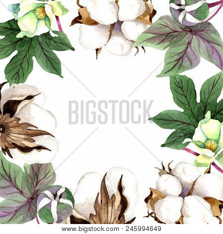 Soft Cotton. Floral Botanical Frame Border Ornament Square. Aquarelle Wildflower For Background, Tex