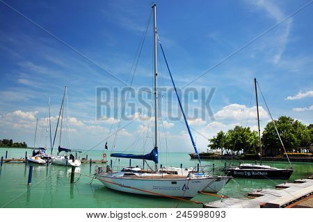 BALATONFURED, HUNGARY - JUNE 02 2018: Yachts in the harbour of Baltonfured, Hungary, Europe
